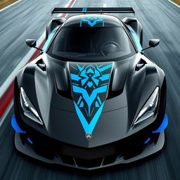 A sleek and aggressive design for a racing car, primarily in a glossy black color complemented by vibrant blue accents