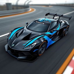 A sleek and aggressive design for a racing car, primarily in a glossy black color complemented by vibrant blue accents