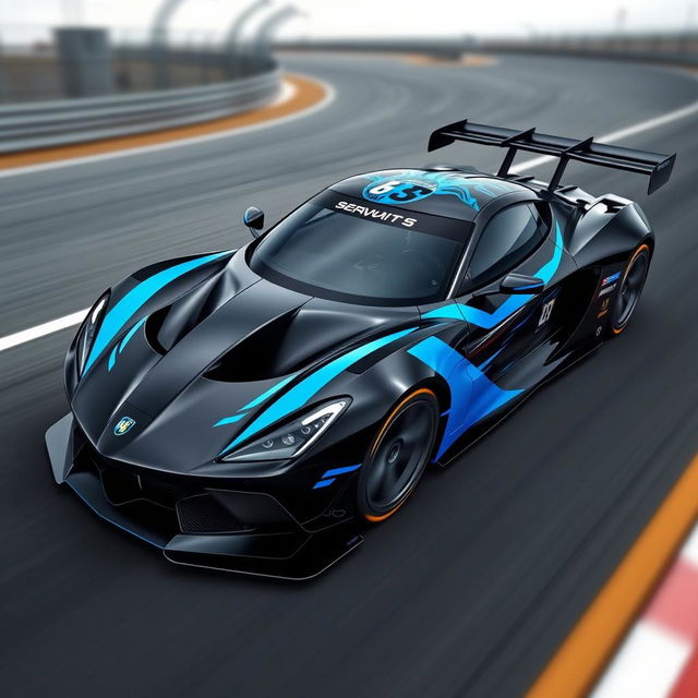 A sleek and aggressive design for a racing car, primarily in a glossy black color complemented by vibrant blue accents