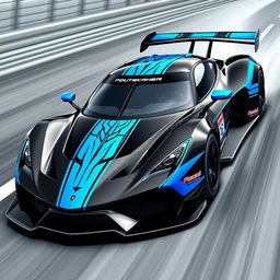 A sleek and aggressive design for a racing car, primarily in a glossy black color complemented by vibrant blue accents