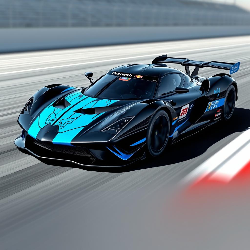 A sleek and aggressive design for a racing car, primarily in a glossy black color complemented by vibrant blue accents