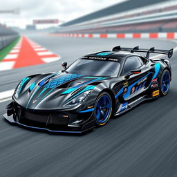 A striking design for a racing car, featuring a glossy black body with bold blue accents that enhance its sleek and aggressive profile