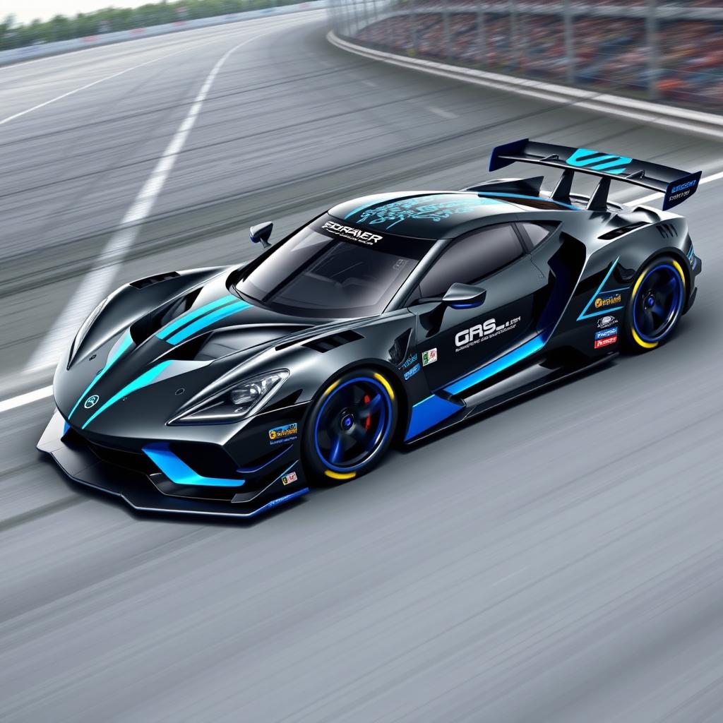 A striking design for a racing car, featuring a glossy black body with bold blue accents that enhance its sleek and aggressive profile