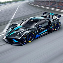 A striking design for a racing car, featuring a glossy black body with bold blue accents that enhance its sleek and aggressive profile