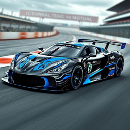 A striking design for a racing car, featuring a glossy black body with bold blue accents that enhance its sleek and aggressive profile