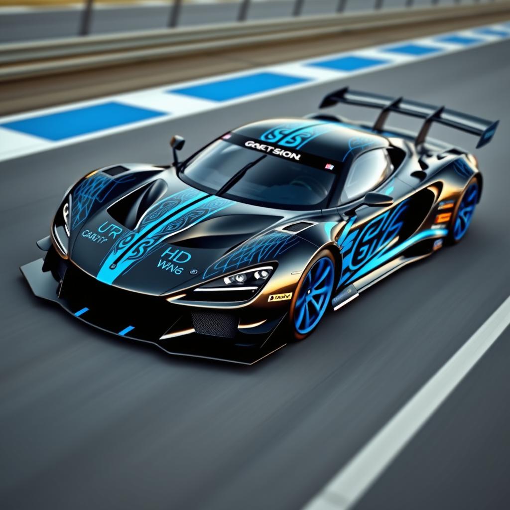 A stunning design for a racing car, featuring a sleek black exterior with eye-catching blue accents