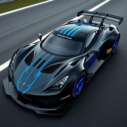 A stunning design for a racing car, featuring a sleek black exterior with eye-catching blue accents