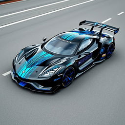 A stunning design for a racing car, featuring a sleek black exterior with eye-catching blue accents