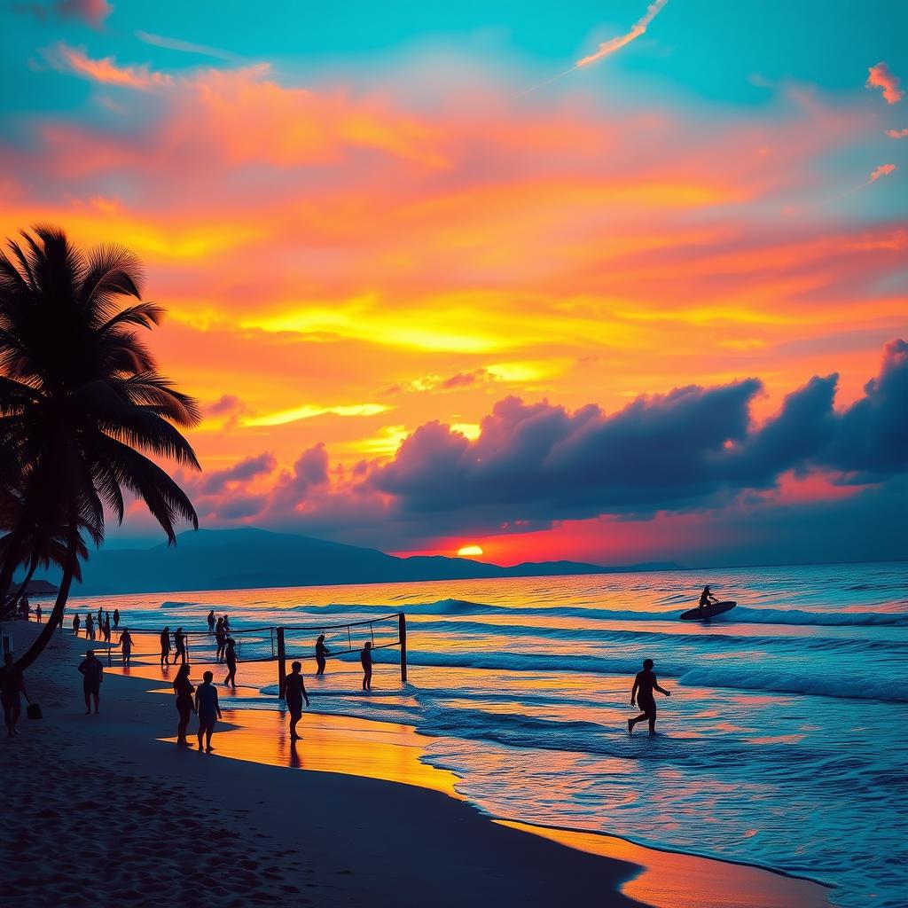 A vibrant and dynamic scene showcasing the beauty of a tropical beach at sunset, with vivid colors reflecting off the water