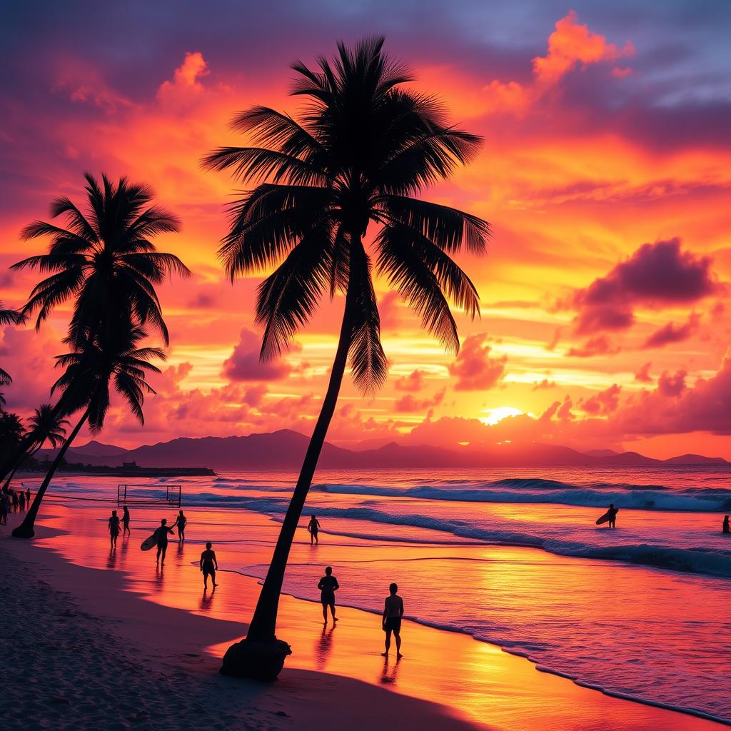 A vibrant and dynamic scene showcasing the beauty of a tropical beach at sunset, with vivid colors reflecting off the water