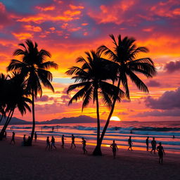 A vibrant and dynamic scene showcasing the beauty of a tropical beach at sunset, with vivid colors reflecting off the water