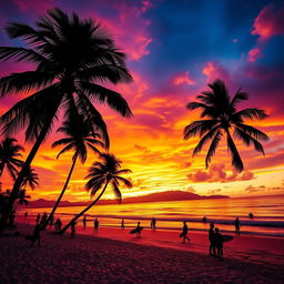 A vibrant and dynamic scene showcasing the beauty of a tropical beach at sunset, with vivid colors reflecting off the water