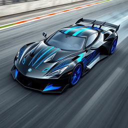 A dynamic and powerful design for a racing car, featuring an elegant black base with striking blue highlights