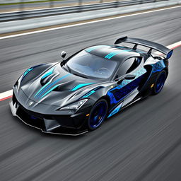 A dynamic and powerful design for a racing car, featuring an elegant black base with striking blue highlights