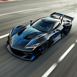 A dynamic and powerful design for a racing car, featuring an elegant black base with striking blue highlights