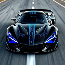 A dynamic and powerful design for a racing car, featuring an elegant black base with striking blue highlights