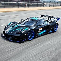 An impressive racing car design featuring a sleek black body complemented by striking blue highlights