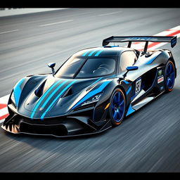 An impressive racing car design featuring a sleek black body complemented by striking blue highlights