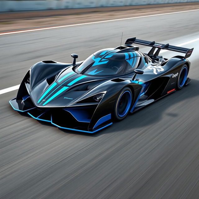 An impressive racing car design featuring a sleek black body complemented by striking blue highlights