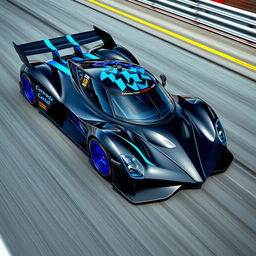 An impressive racing car design featuring a sleek black body complemented by striking blue highlights