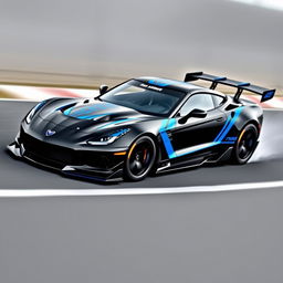 A sleek racing car design featuring a bold black exterior accented with vibrant blue details