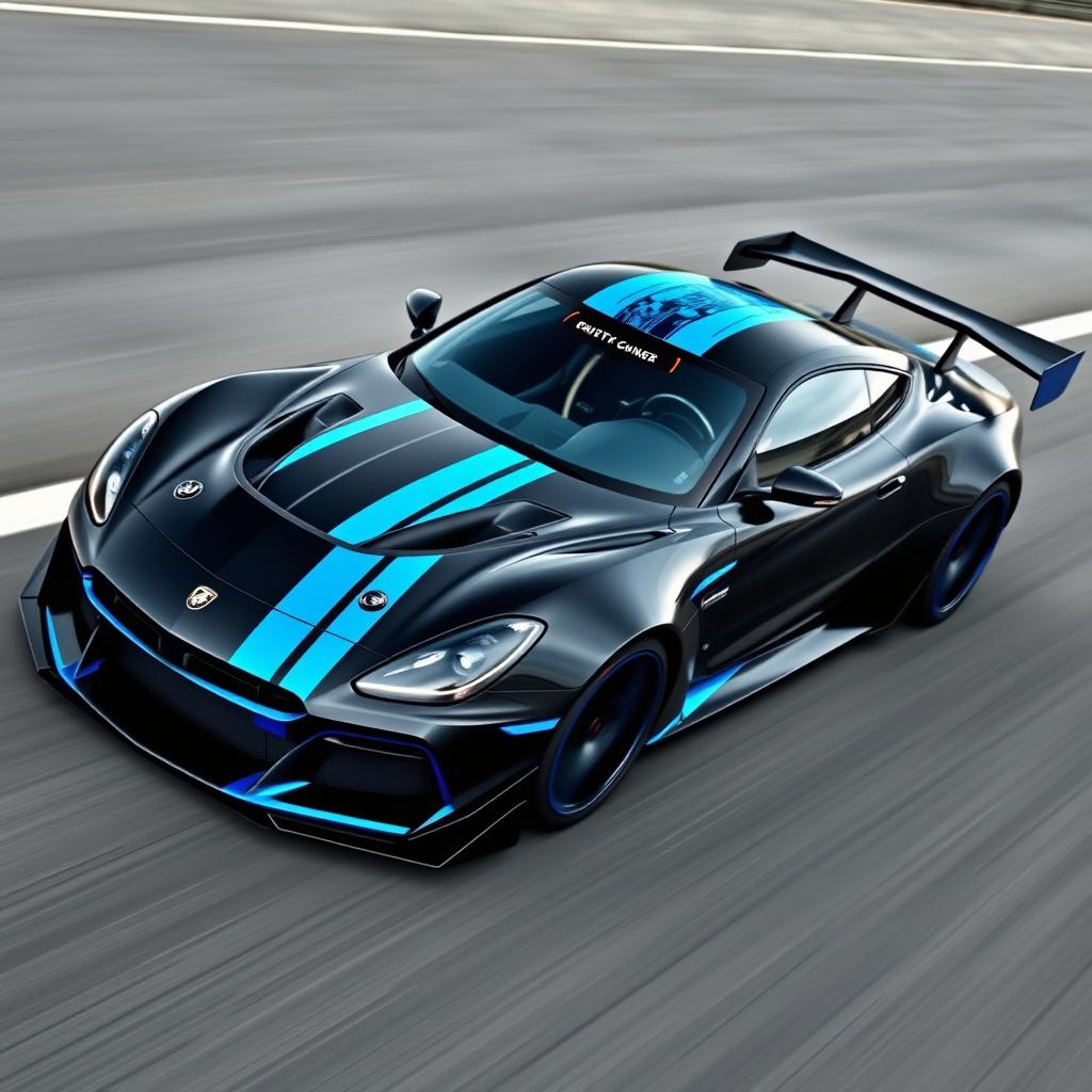 A sleek racing car design featuring a bold black exterior accented with vibrant blue details