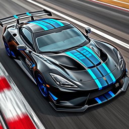 A sleek racing car design featuring a bold black exterior accented with vibrant blue details