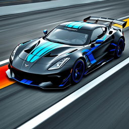 A sleek racing car design featuring a bold black exterior accented with vibrant blue details