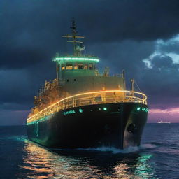 An electrifying electropunk tanker, illuminated with electric wires, sparking generators, and neon-lit decks, sailing through a luminous sea under a charged, crackling sky.