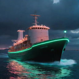 An electrifying electropunk tanker, illuminated with electric wires, sparking generators, and neon-lit decks, sailing through a luminous sea under a charged, crackling sky.