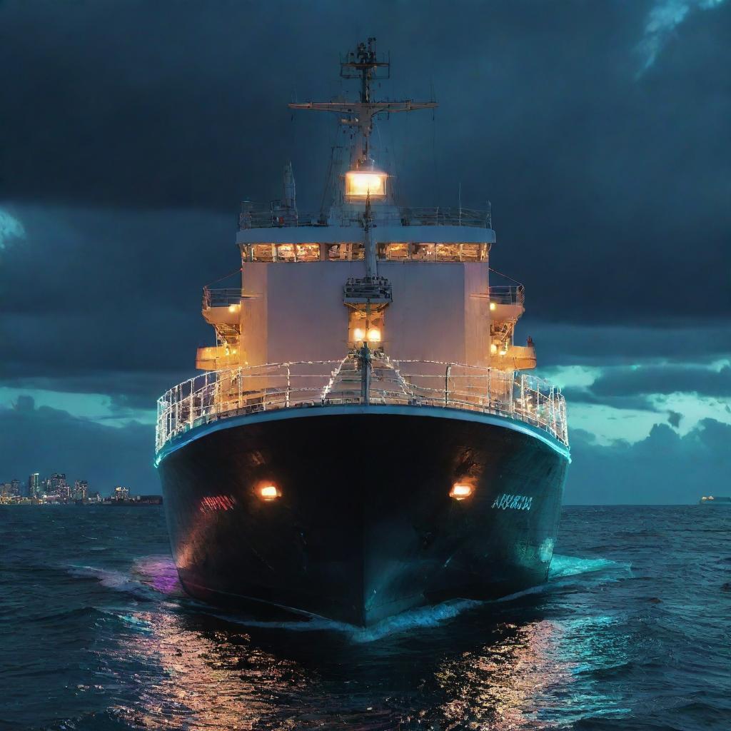 An electrifying electropunk tanker, illuminated with electric wires, sparking generators, and neon-lit decks, sailing through a luminous sea under a charged, crackling sky.