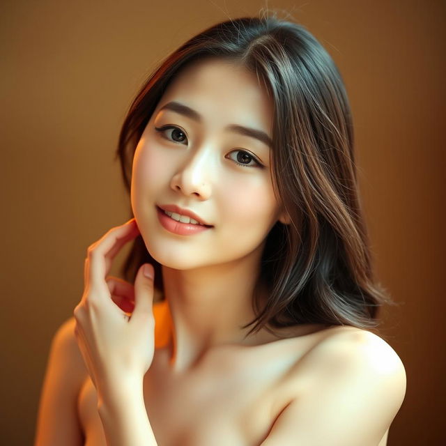 A beautiful 24-year-old Asian woman with a sweet and delicate facial expression, posed elegantly in a soft, artistic nude style