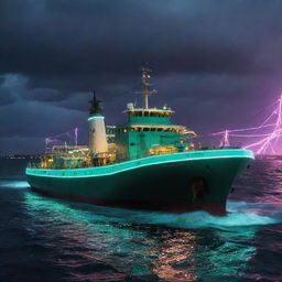 An electrifying electropunk tanker, illuminated with electric wires, sparking generators, and neon-lit decks, sailing through a luminous sea under a charged, crackling sky.