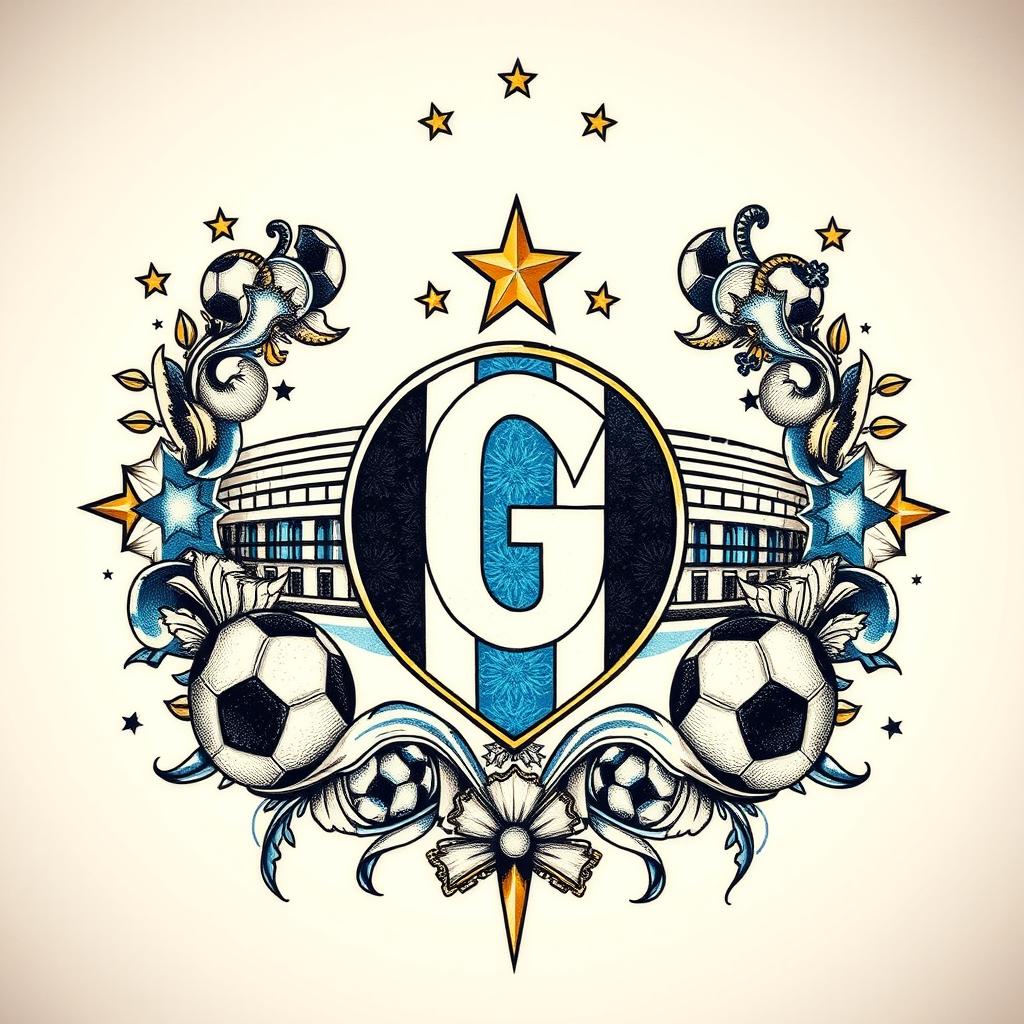 A detailed tattoo design inspired by the Brazilian football club Grêmio, featuring the club's logo surrounded by intricate patterns and elements that represent the team's history, culture, and fans