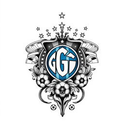 A detailed tattoo design inspired by the Brazilian football club Grêmio, featuring the club's logo surrounded by intricate patterns and elements that represent the team's history, culture, and fans