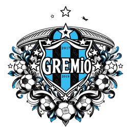 A detailed tattoo design inspired by the Brazilian football club Grêmio, featuring the club's logo surrounded by intricate patterns and elements that represent the team's history, culture, and fans