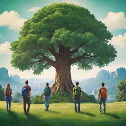 Create a high-definition, vibrant environmental poster with a prominent, majestic tree at the center. Modern-stylized individuals, some with backpacks, act as guardians. The distant buildings and the intense green natural landscape are vast, highlighting man and nature's coexistence within a sustainable, bright future.