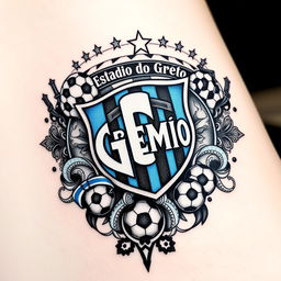 A detailed tattoo design inspired by the Brazilian football club Grêmio, featuring the club's logo surrounded by intricate patterns and elements that represent the team's history, culture, and fans