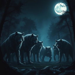 A haunting and beautiful scene depicting a pack of majestic wolf-like creatures, known as huargos, gathered under a bright, full moon in a dark forest