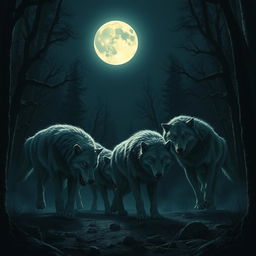 A haunting and beautiful scene depicting a pack of majestic wolf-like creatures, known as huargos, gathered under a bright, full moon in a dark forest