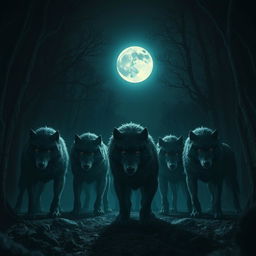 A haunting and beautiful scene depicting a pack of majestic wolf-like creatures, known as huargos, gathered under a bright, full moon in a dark forest