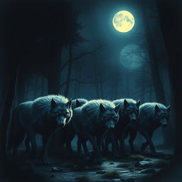 A haunting and beautiful scene depicting a pack of majestic wolf-like creatures, known as huargos, gathered under a bright, full moon in a dark forest