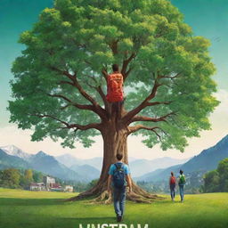 Create a high-definition, vibrant environmental poster with a prominent, majestic tree at the center. Modern-stylized individuals, some with backpacks, act as guardians. The distant buildings and the intense green natural landscape are vast, highlighting man and nature's coexistence within a sustainable, bright future.