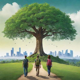 Create a high-definition, vibrant environmental poster with a prominent, majestic tree at the center. Modern-stylized individuals, some with backpacks, act as guardians. The distant buildings and the intense green natural landscape are vast, highlighting man and nature's coexistence within a sustainable, bright future.