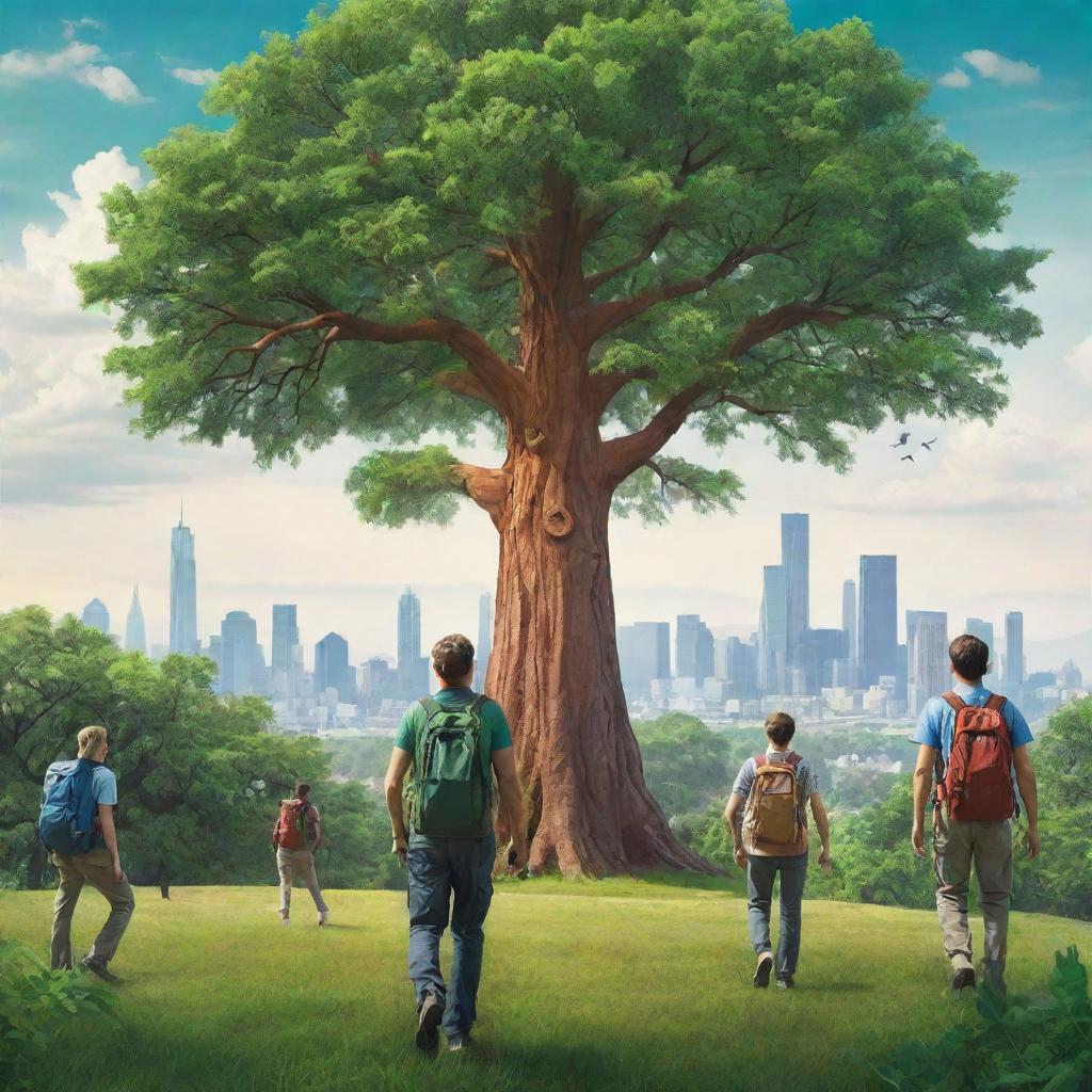 Create a high-definition, vibrant environmental poster with a prominent, majestic tree at the center. Modern-stylized individuals, some with backpacks, act as guardians. The distant buildings and the intense green natural landscape are vast, highlighting man and nature's coexistence within a sustainable, bright future.