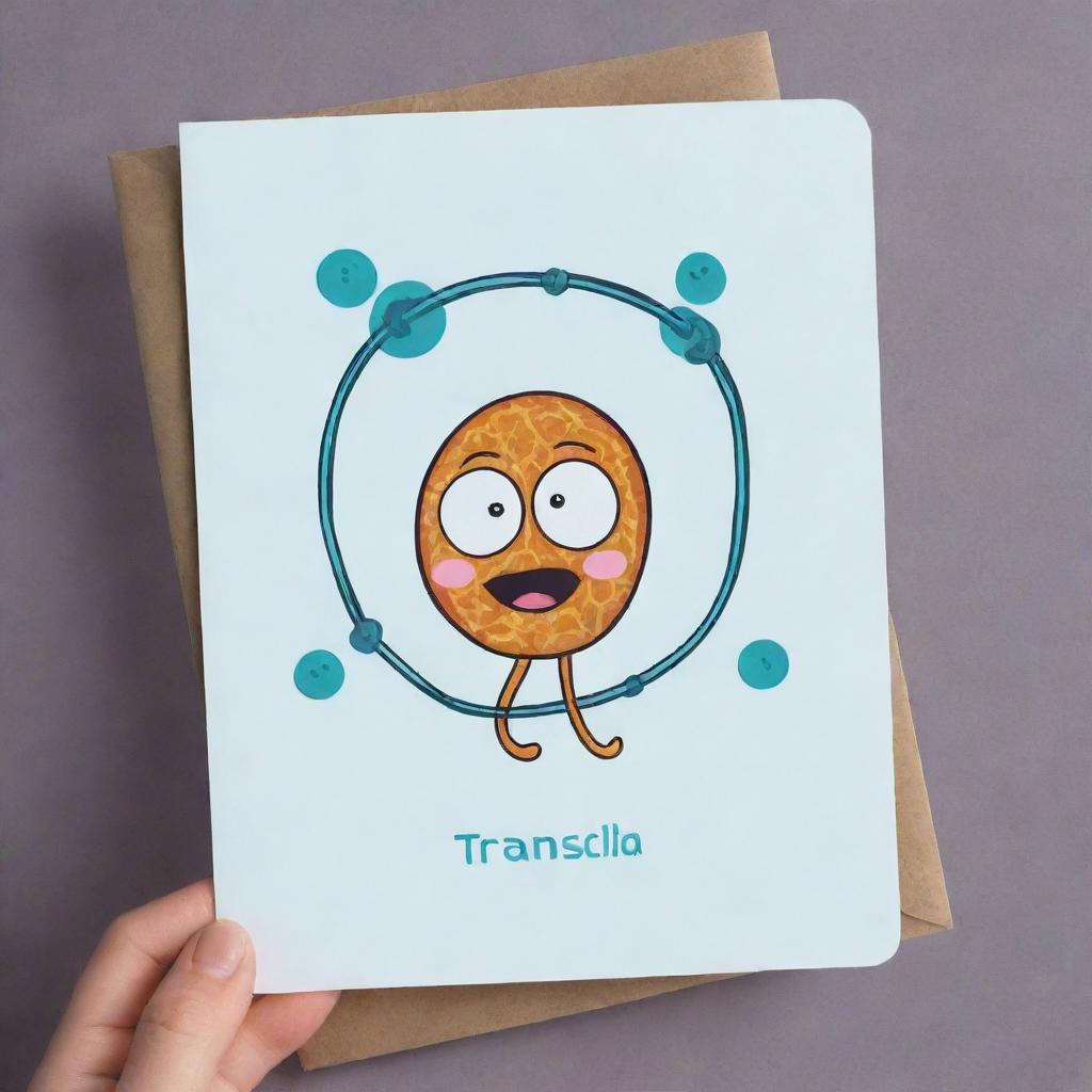 Create a charming 'Transcellular Lasso' card, an 'upcell' type. The card should depict a delightful cartoon cell with a face being relocated by a magical lasso, demonstrating a cellular migration similar to mitosis. The temporary repositioning of the cell should be clearly shown.