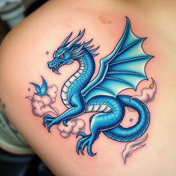 A breathtaking tattoo design of a blue dragon, showcasing its elegant form with detailed scales and flowing mane