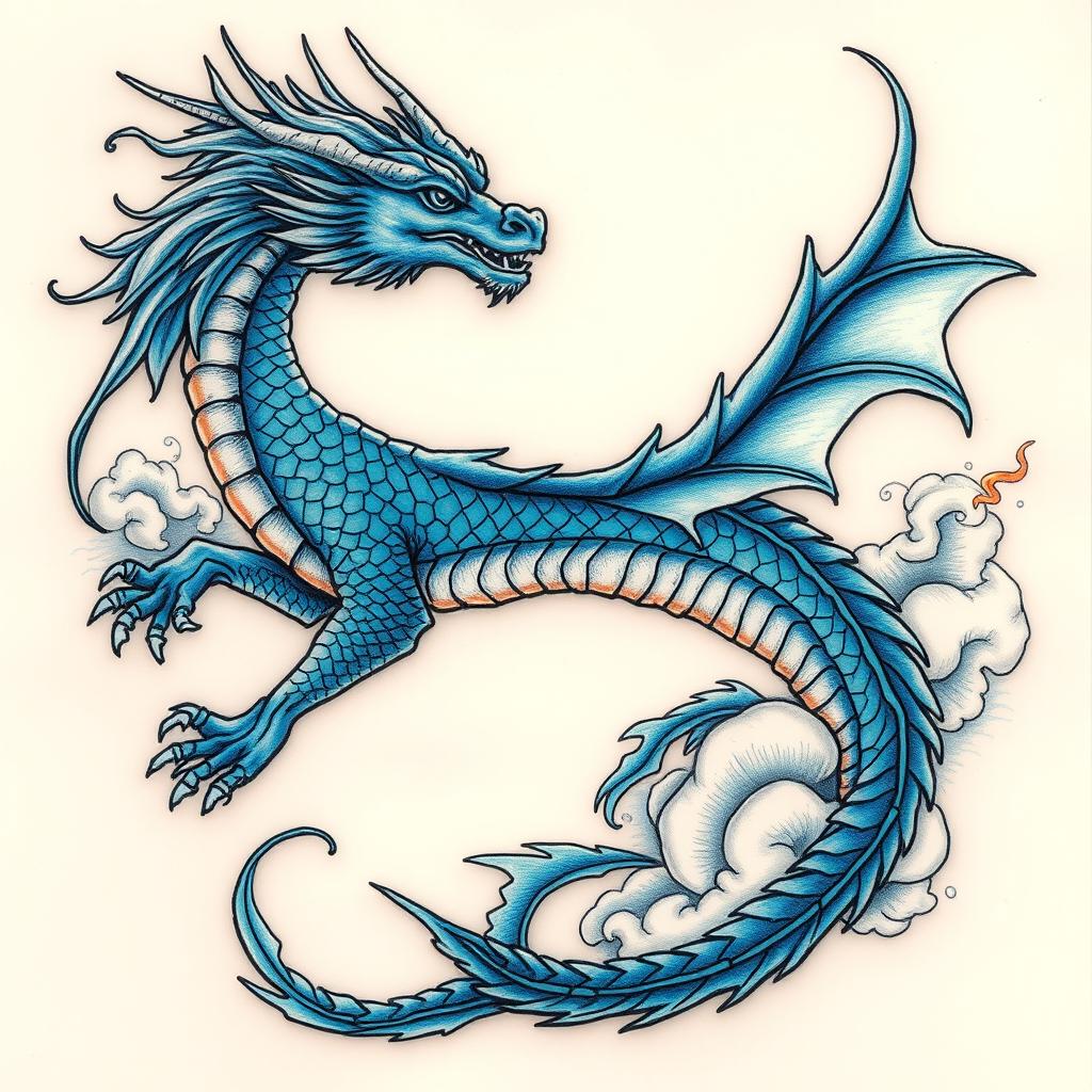 A breathtaking tattoo design of a blue dragon, showcasing its elegant form with detailed scales and flowing mane