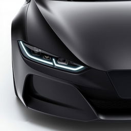 A detailed 3D rendering of dark car headlights, showcasing the complete front view of a stylish automobile