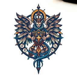 An artistic tattoo design symbolizing protection, featuring a powerful guardian figure such as a mythical creature or an angel, surrounded by elements that convey safety and strength